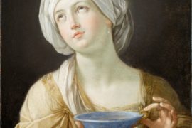 Gemälde von Frau mit blauer Schale in der Hand